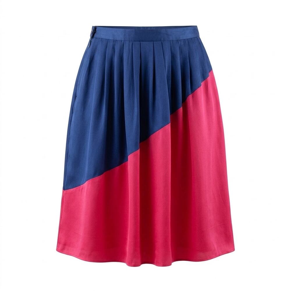 Anthropologie 100% Silk Blue Pleated Colorblock Satin Skirt Women Size 2